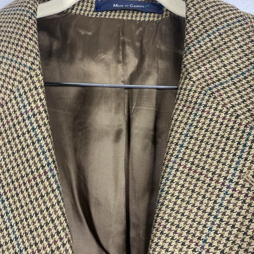 Vtg Chaps Ralph Lauren‎ Sport Coat Mens 44R Brown Silk Wool Houndstooth Blazer